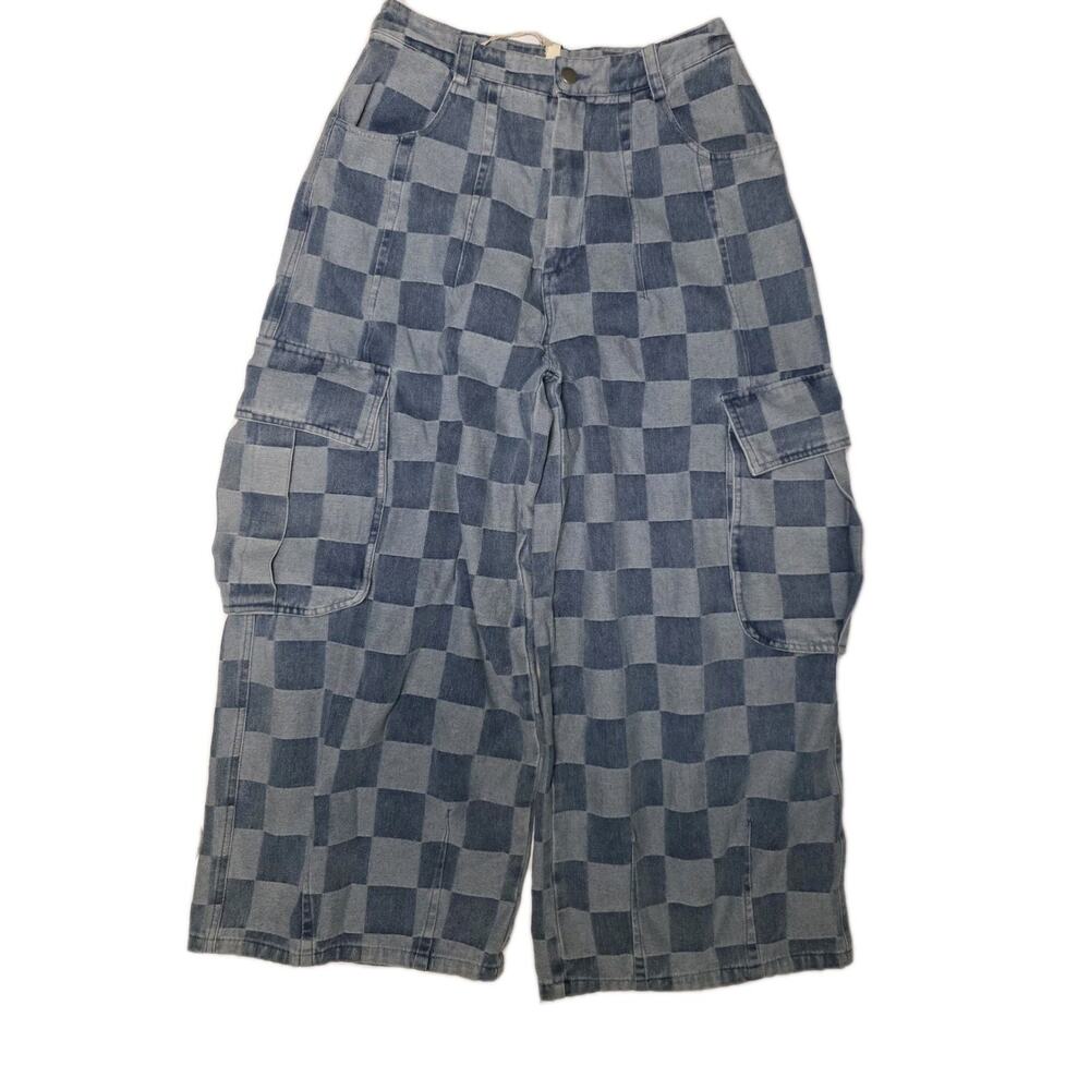 BiBi Wide Leg Jeans Womens Small Blue Light Wash High Rise Checkered Cargo Crop - Picture 4 of 13